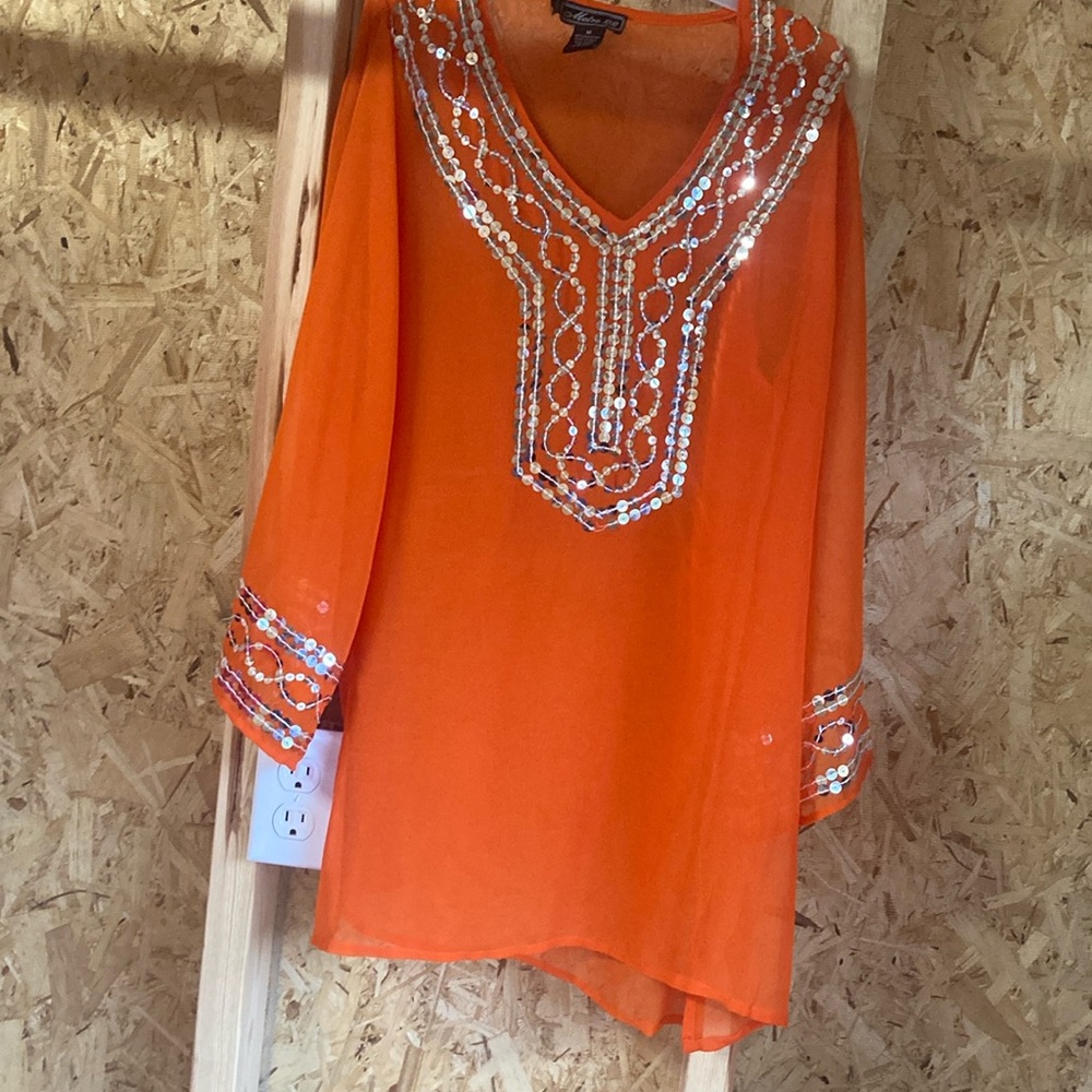 METRO22/beach cover bathing suit w/ silver sequins in front/around the sleeves